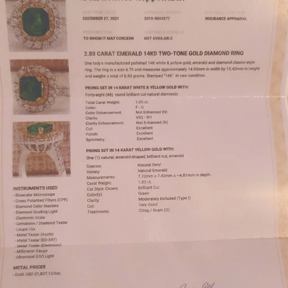 Gift Idea: Genuine appraised 2.88 Carat Emerald 14KT Two-Tone Gold Diamond Ring - Picture 9 of 11